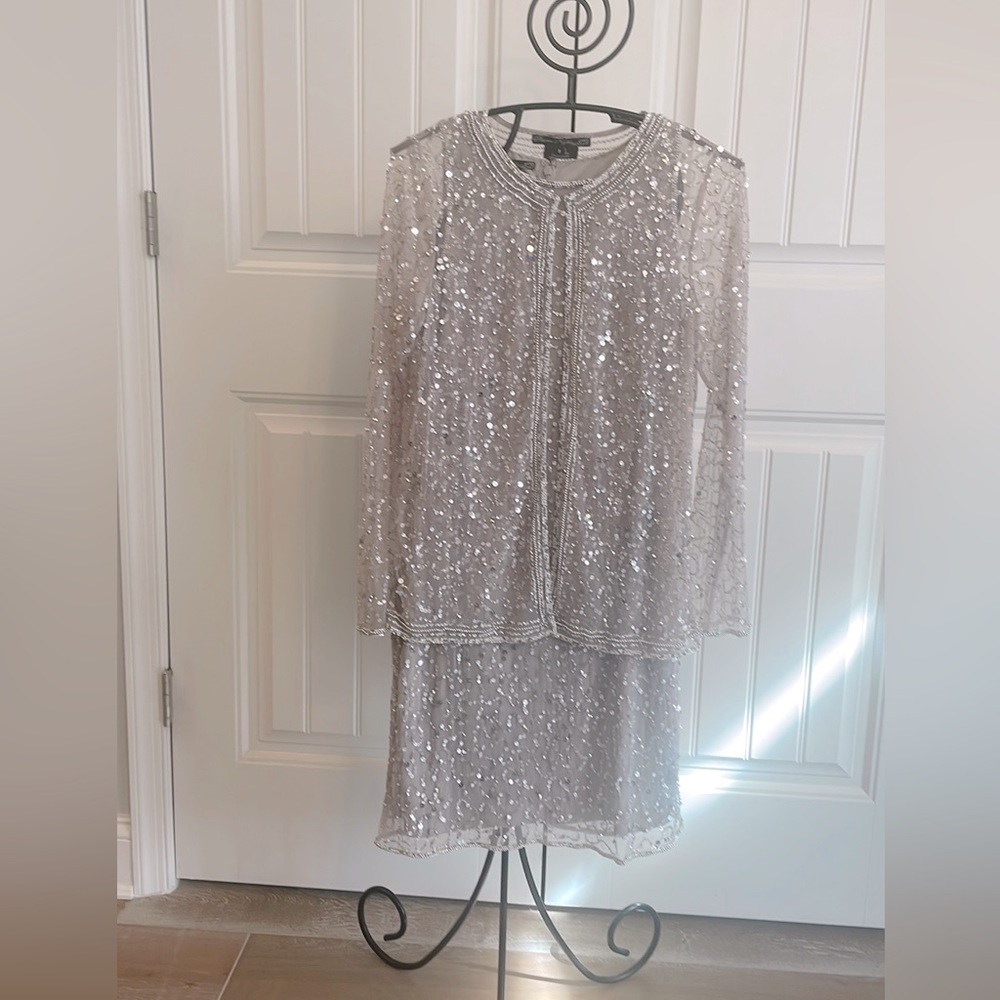 Beautiful silver sheath & sheer jacket with silver sequins
